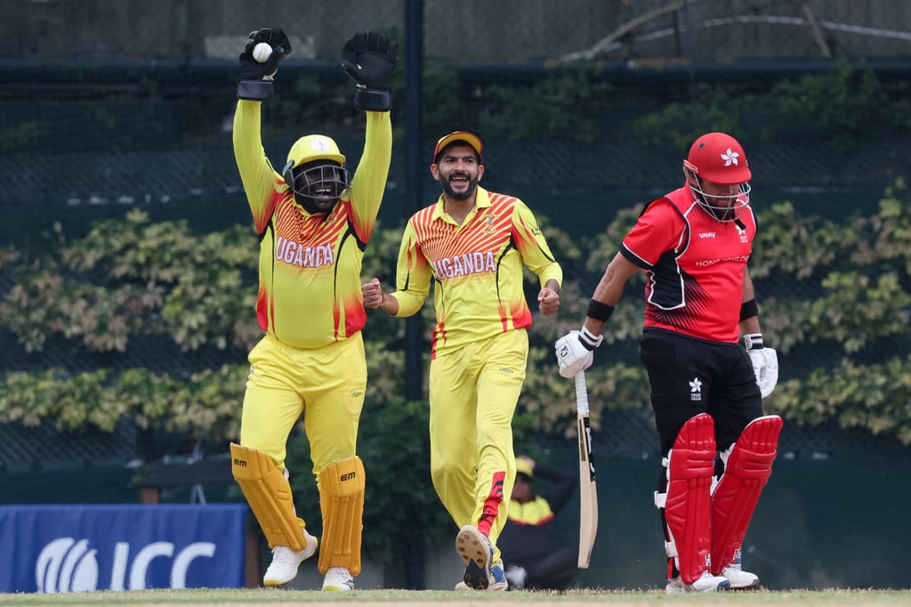 Uganda wicketkeeper Fred Achelam appeals for the wicket of Hong Kong’s Yasim Murtaza. Photo: Dickson Lee Uganda wicketkeeper Fred Achelam appeals for the wicket of Hong Kong’s Yasim Murtaza. Photo: Dickson Lee