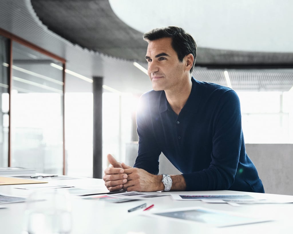 Roger Federer sporting a Rolex Land-Dweller 40 in a white Rolesor version. Photo: Handout Roger Federer sporting a Rolex Land-Dweller 40 in a white Rolesor version. Photo: Handout