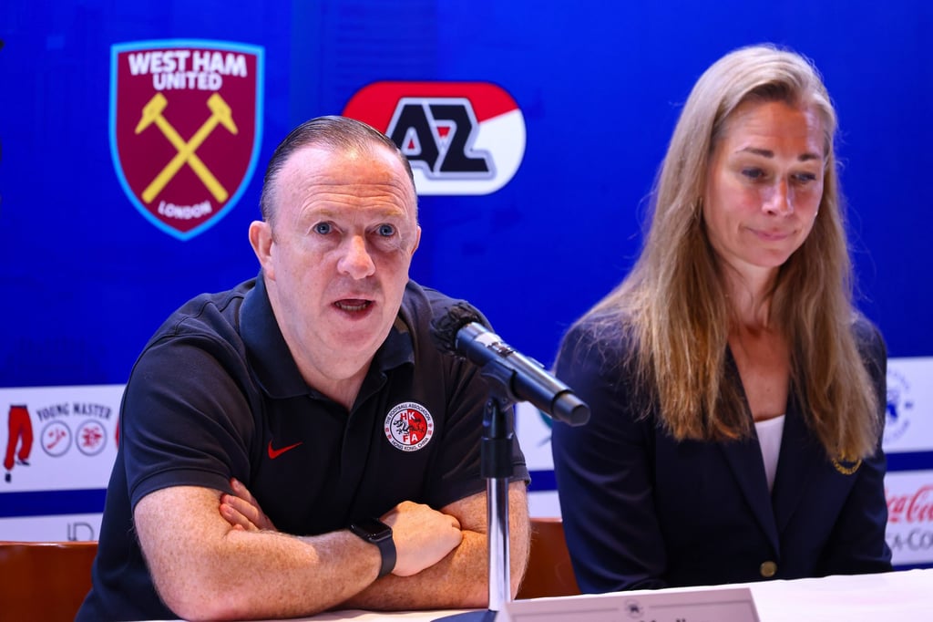 HKFA technical director John Morling and organising committee member Mia Williams at the draw for the Soccer Sevens on Wednesday. Photo: Dickson Lee