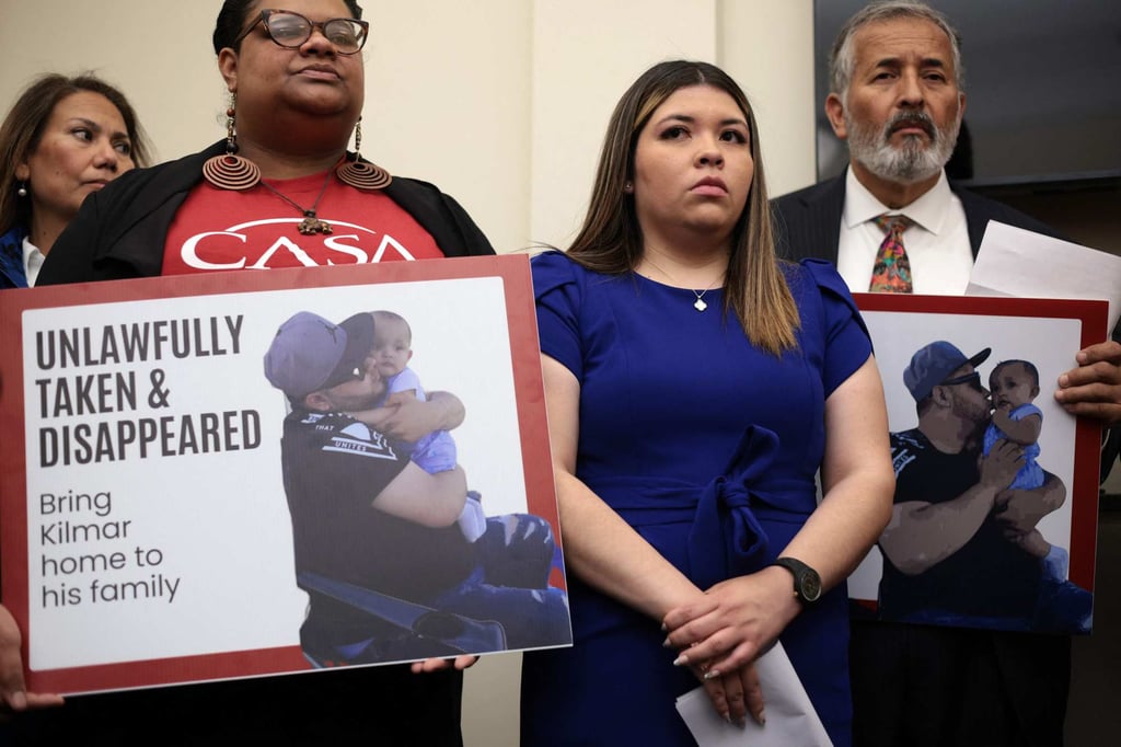 Jennifer Vasquez Sura (centre), wife of Kilmar Abrego Garcia, listens during a news conference to discuss his arrest and deportation in Washington on Wednesday. Photo: AFP