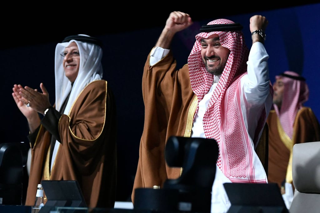 Asian Football Confederation president Sheikh Salman celebrates the awarding of the 2034 World Cup to Saudi Arabia. Photo: AFP Asian Football Confederation president Sheikh Salman celebrates the awarding of the 2034 World Cup to Saudi Arabia. Photo: AFP