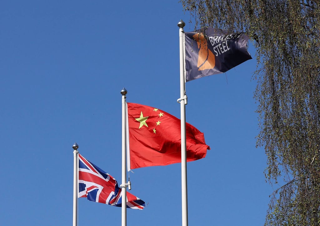 The flags of China and the United Kingdom are flown at British Steel’s Scunthorpe plant in England on Thursday. Photo: AFP The flags of China and the United Kingdom are flown at British Steel’s Scunthorpe plant in England on Thursday. Photo: AFP