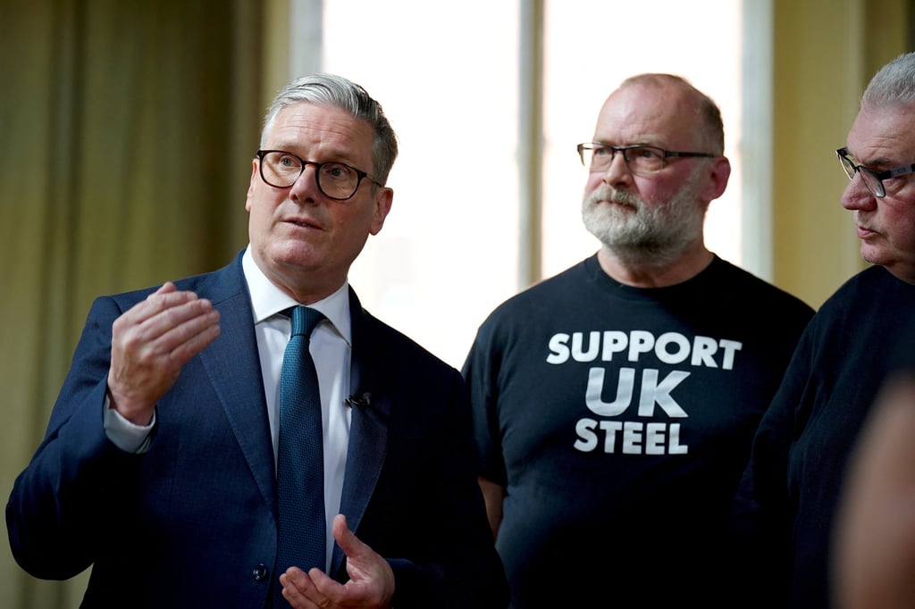 UK Prime Minister Keir Starmer speaks during a visit to meet British Steel workers in Appleby Village Hall near Scunthorpe, Lincolnshire, on Saturday. Photo: Reuters UK Prime Minister Keir Starmer speaks during a visit to meet British Steel workers in Appleby Village Hall near Scunthorpe, Lincolnshire, on Saturday. Photo: Reuters