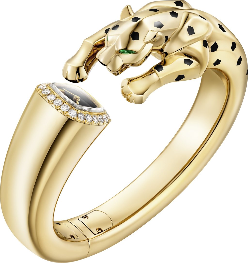 Cartier Panthère jewellery watch in yellow gold with diamonds, tsavorites, onyx and black lacquer. Photo: Handout Cartier Panthère jewellery watch in yellow gold with diamonds, tsavorites, onyx and black lacquer. Photo: Handout