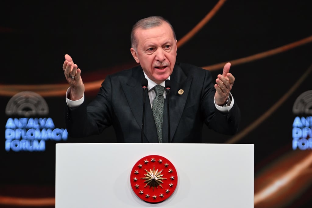 Turkish President Recep Tayyip Erdogan speaks at the opening of the fourth Antalya Diplomacy Forum in Antalya, Turkey, on Friday. Photo: Handout via Xinhua Turkish President Recep Tayyip Erdogan speaks at the opening of the fourth Antalya Diplomacy Forum in Antalya, Turkey, on Friday. Photo: Handout via Xinhua