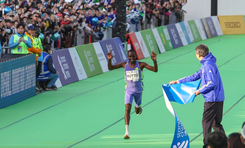 Rutto Bethwell Kipkemboi, who competes all around the world, crosses the finish line at Victoria Park to win the Hong Kong Marathon. Photo: Edmond So Rutto Bethwell Kipkemboi, who competes all around the world, crosses the finish line at Victoria Park to win the Hong Kong Marathon. Photo: Edmond So