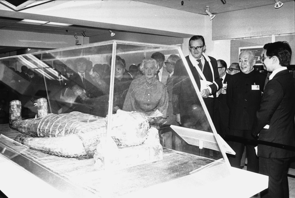 Governor Sir Murray MacLehose (third from right), Lady MacLehose (fourth from right) and Wang Yeh-chiu (second from right), director of China’s Cultural Relics Administrative Bureau, looking at the famed jade suit during the Star House exhibition in 1978. Photo: SCMP Archives Governor Sir Murray MacLehose (third from right), Lady MacLehose (fourth from right) and Wang Yeh-chiu (second from right), director of China’s Cultural Relics Administrative Bureau, looking at the famed jade suit during the Star House exhibition in 1978. Photo: SCMP Archives