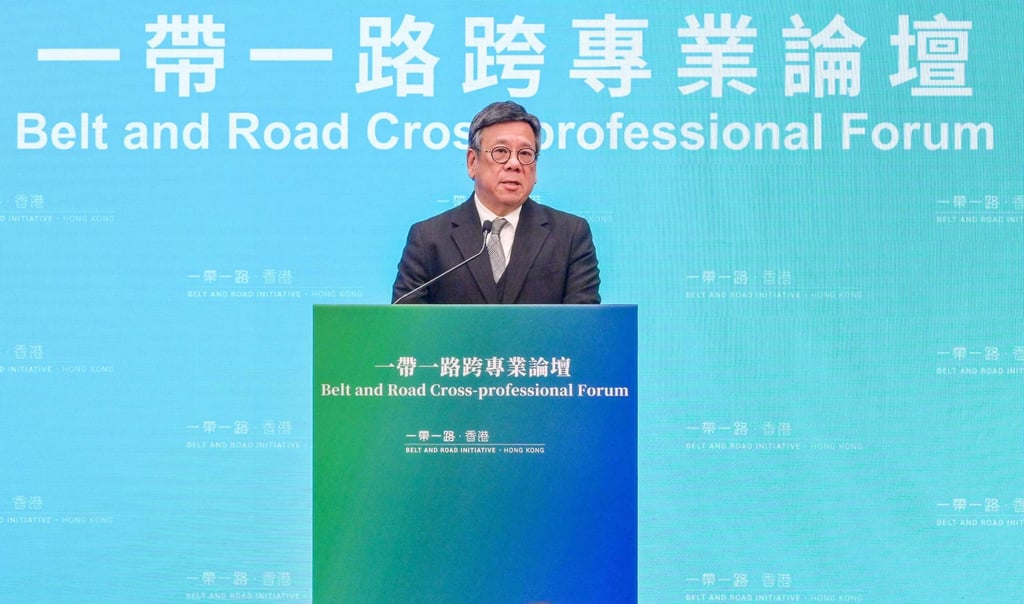 Secretary for Commerce and Economic Development Algernon Yau speaks during the Belt and Road Cross-professional Forum.