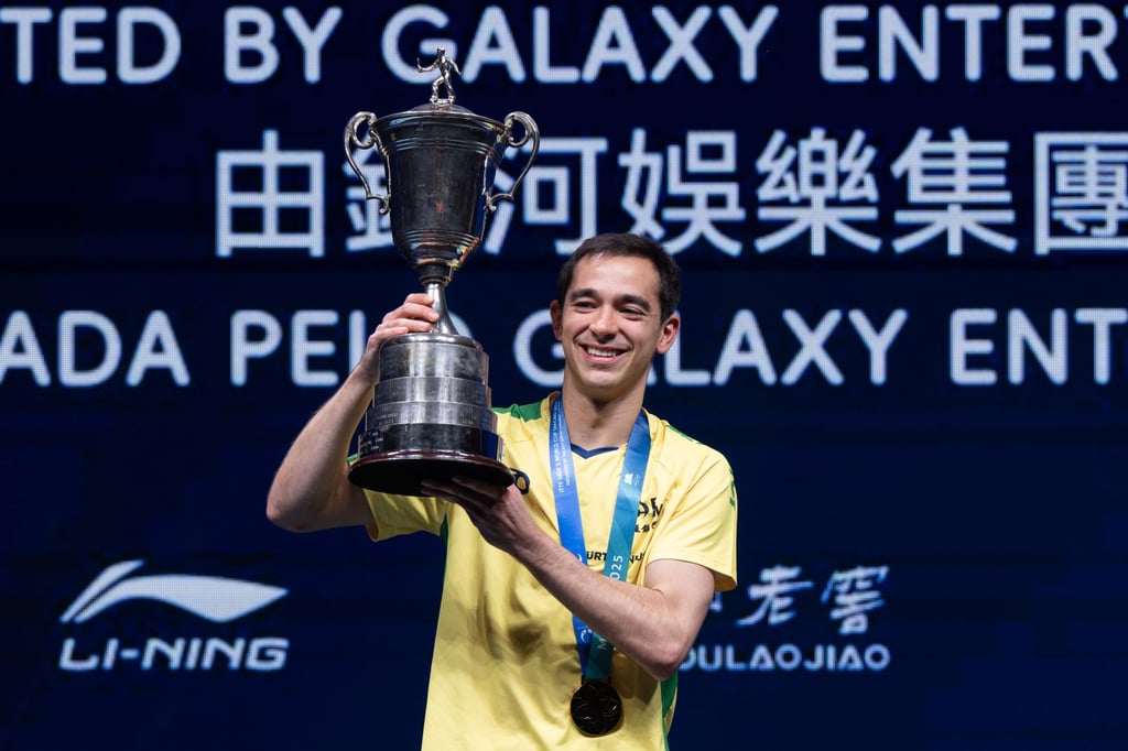 Brazil’s Hugo Calderano poses with his trophy after beating Lin Shidong in the final. Photo: Xinhua