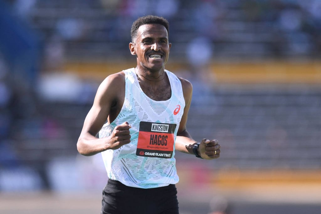 Ethiopia’s Hagos Gebrhiwet runs the men’s 3000m during April’s Grand Slam Track event in Kingston. Photo: AFP