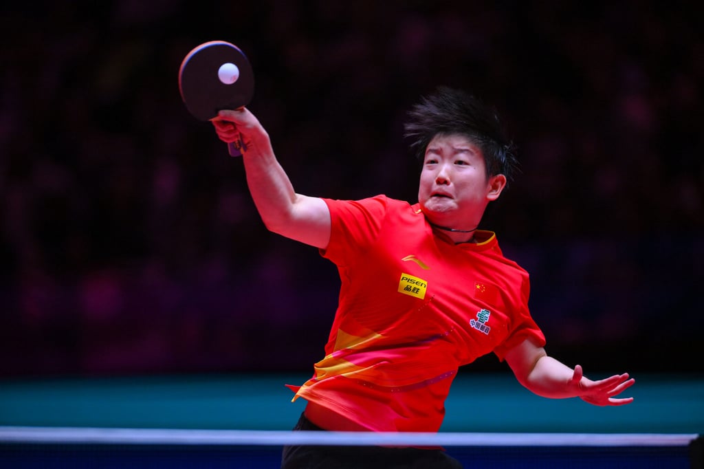 Sun Yingsha in action in the women’s World Cup final against Kuai Man in Macau on Sunday. Photo: Xinhua Sun Yingsha in action in the women’s World Cup final against Kuai Man in Macau on Sunday. Photo: Xinhua