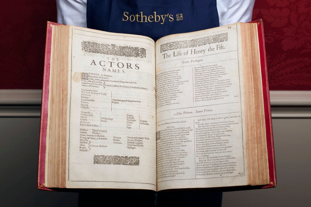 The First Folio of William Shakespeare, which contains 36 of the poet’s plays, and is one of four folios due to go on sale at Sotheby’s in London on May 23. Photo: Sotheby’s via AP