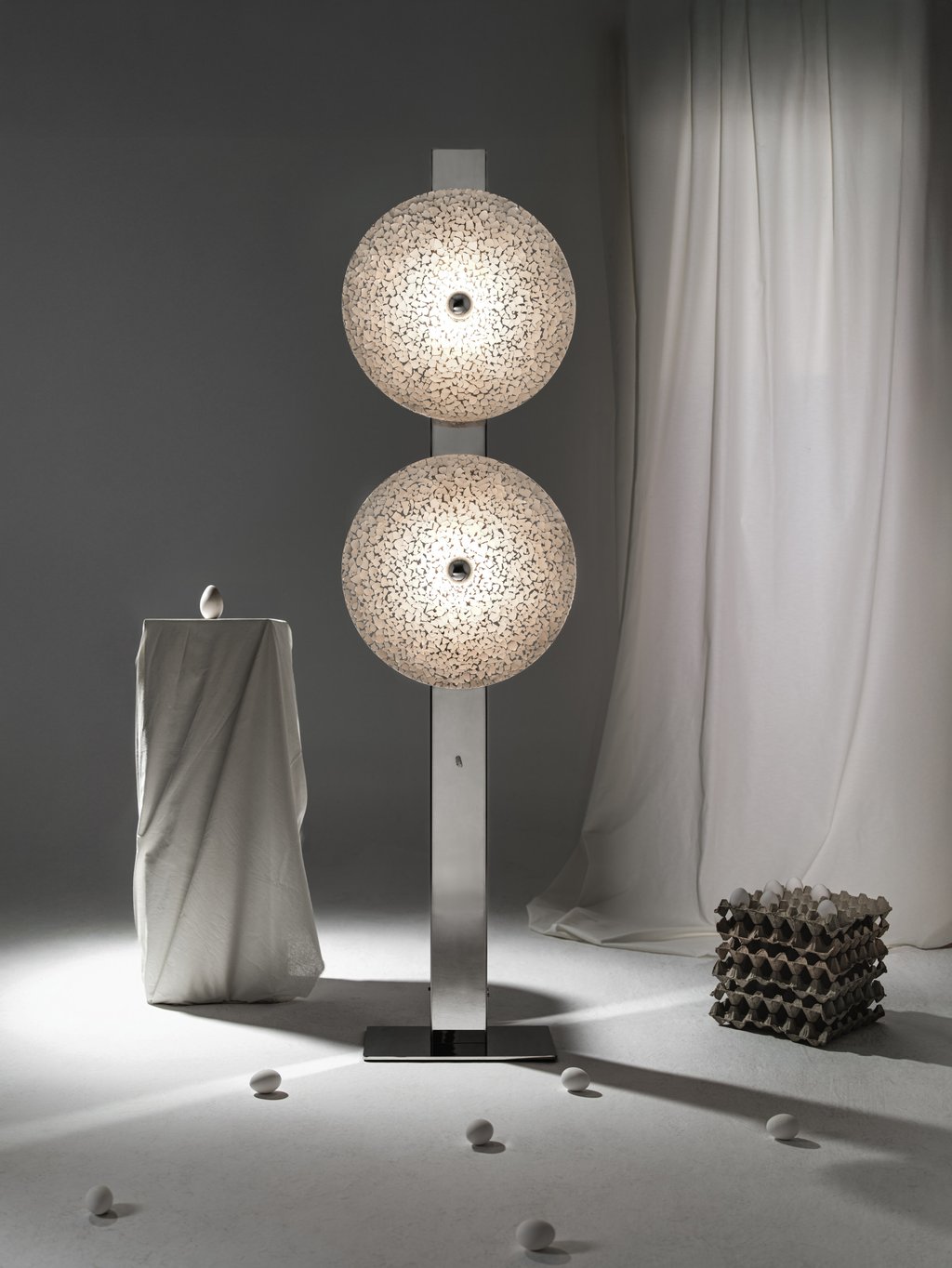 Studio Yellowdot’s “Hatch” series floor lamp is made from eggshells and resin. Photo: Ali Gulsener