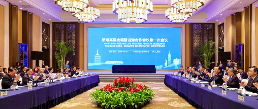 Hong Kong and Zhejiang officials in Hangzhou. Both sides have signed a deal covering 13 areas and 51 projects. Photo: Handout Hong Kong and Zhejiang officials in Hangzhou. Both sides have signed a deal covering 13 areas and 51 projects. Photo: Handout