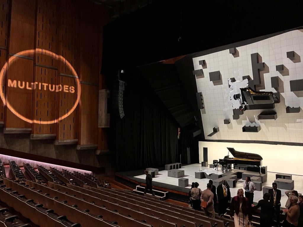 The stage at London’s Queen Elizabeth Hall on which pianist Igor Levit played Erik Satie’s Vexations, a single sheet of music repeated 840 times, in a performance staged by Marina Abramovic. Photo: Instagram/cathycatlondon