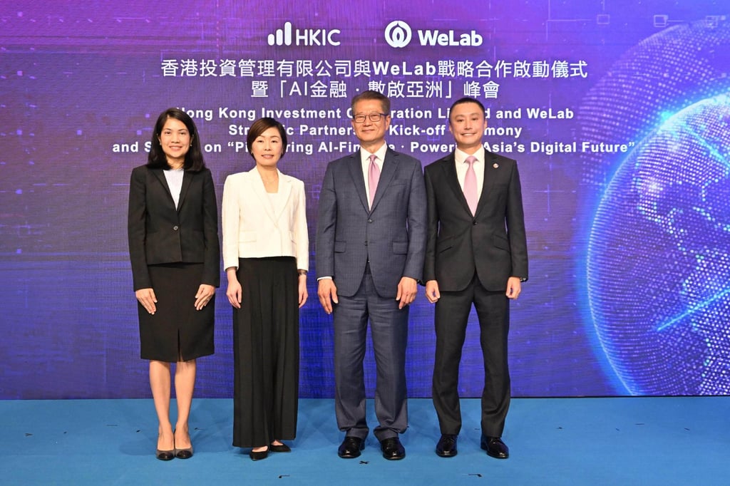 (From left) Ranida Chamchalerm, deputy consul-general of Thailand in Hong Kong, Clara Chan, CEO of the Hong Kong Investment Corporation, Hong Kong Financial Secretary Paul Chan, and Simon Loong, founder and group CEO of WeLab, attend the kick-off ceremony of the Hong Kong Investment Corporation and WeLab’s strategic partnership.