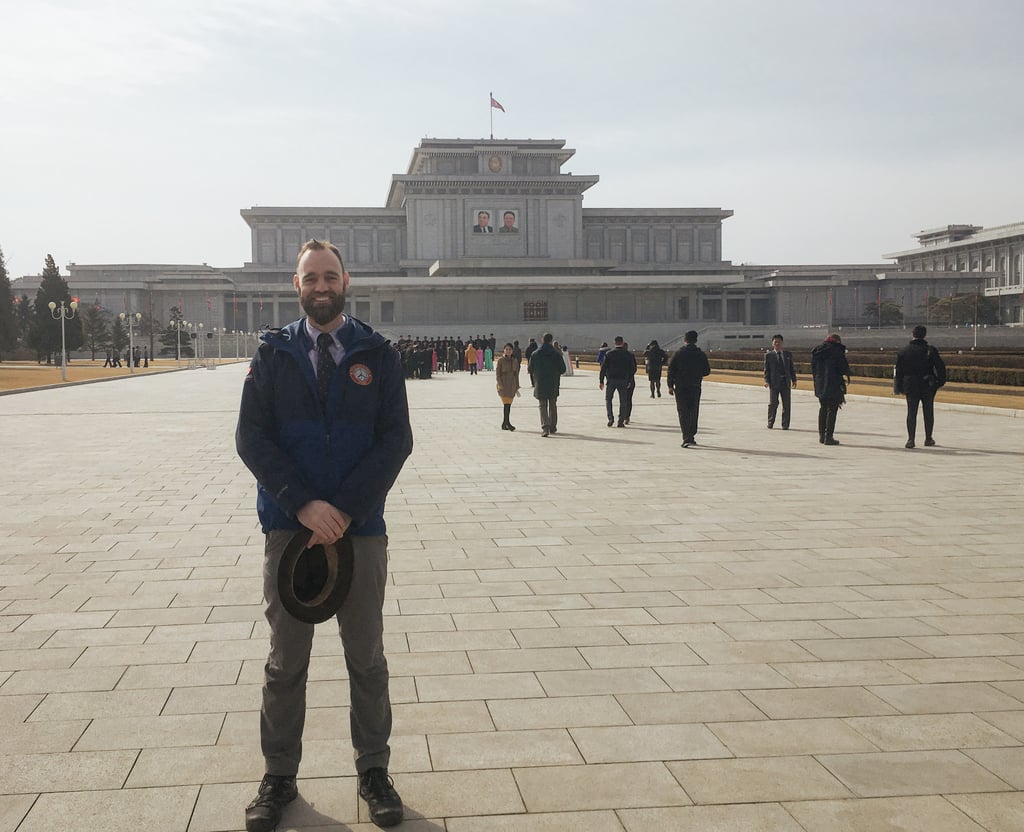 Thor Pedersen stands in front of Kamsusan Palace of the Sun in Pyongyang, North Korea, in March 2019 where he was required to wear a shirt and a tie while visiting. Photo: courtesy Thor Pedersen
