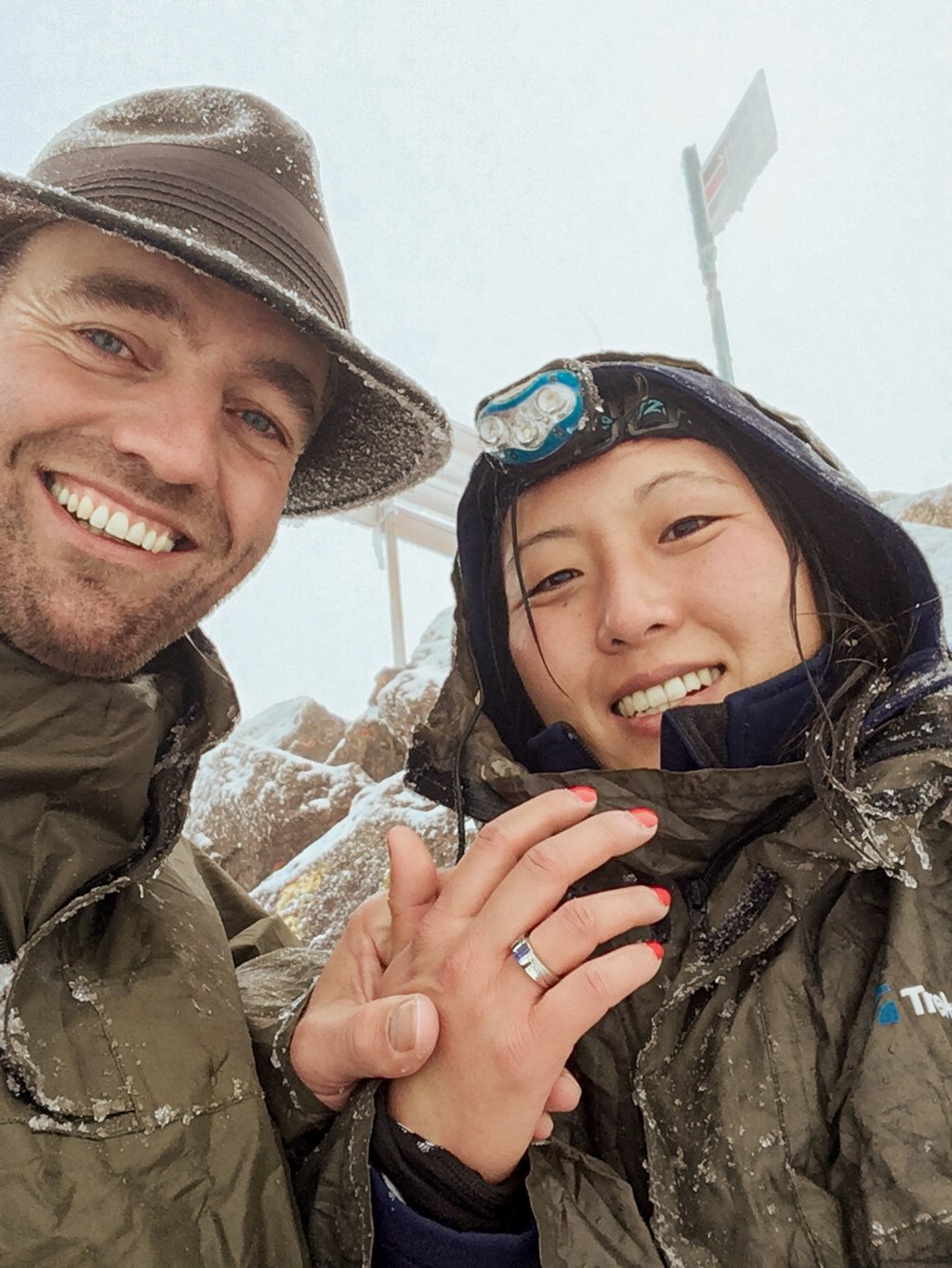 Newly engaged Thor Pedersen and fiancée Le at Point Lenana, 4985 metres up Mount Kenya where he proposed in November 2016. Photo: courtesy Thor Pedersen