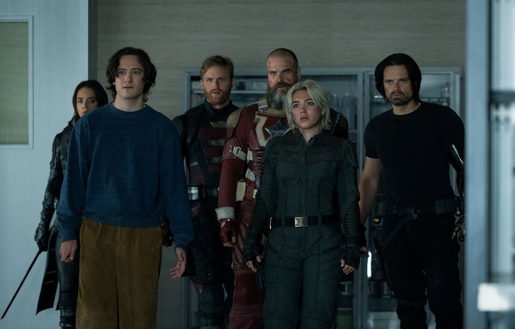 Hannah John-Kamen, left, Lewis Pullman, Wyatt Russell, David Harbour, Florence Pugh and Sebastian Stan in Marvel Studios’ Thunderbolts*. Photo: Tribune News Service