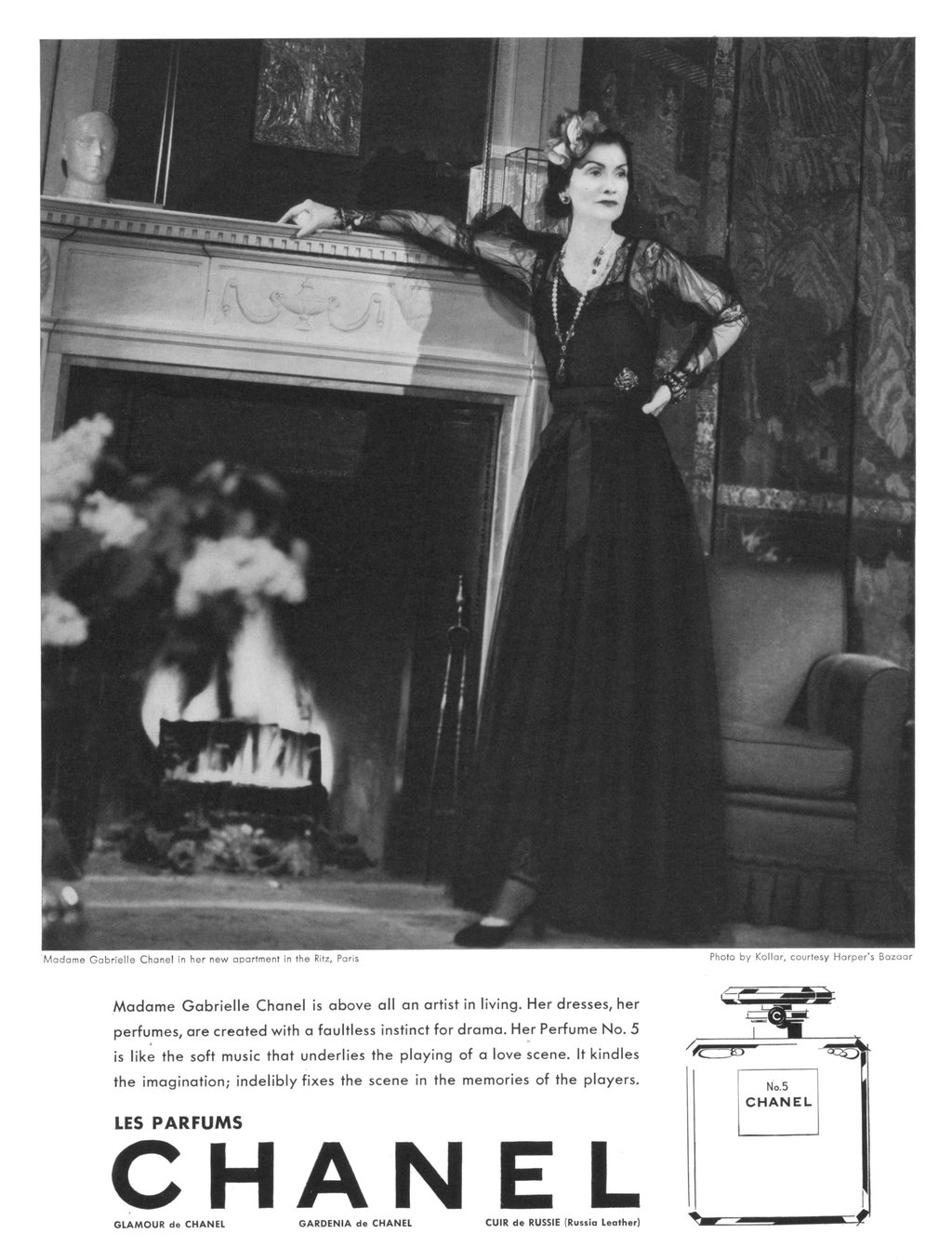 Um anúncio de 1937 da Chanel No 5, estrelado pela própria Gabrielle “Coco” Chanel. Foto: Apostila Um anúncio de 1937 da Chanel No 5, estrelado pela própria Gabrielle “Coco” Chanel. Foto: Apostila