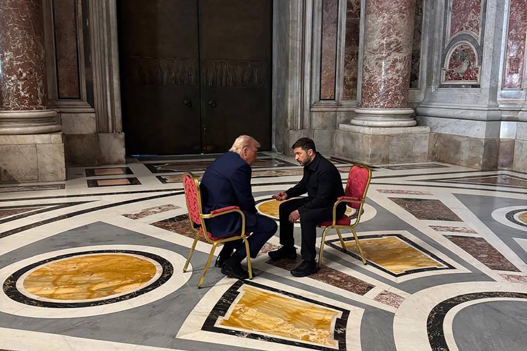 Ukraine’s President Volodymyr Zelensky with US President Donald Trump on the sidelines of Pope Francis’ funeral at St Peter’s Basilica at the Vatican on April 26. Photo: AFP/Official Telegram channel of the Head of the Office of the President of Ukraine Andriy Yermak Ukraine’s President Volodymyr Zelensky with US President Donald Trump on the sidelines of Pope Francis’ funeral at St Peter’s Basilica at the Vatican on April 26. Photo: AFP/Official Telegram channel of the Head of the Office of the President of Ukraine Andriy Yermak