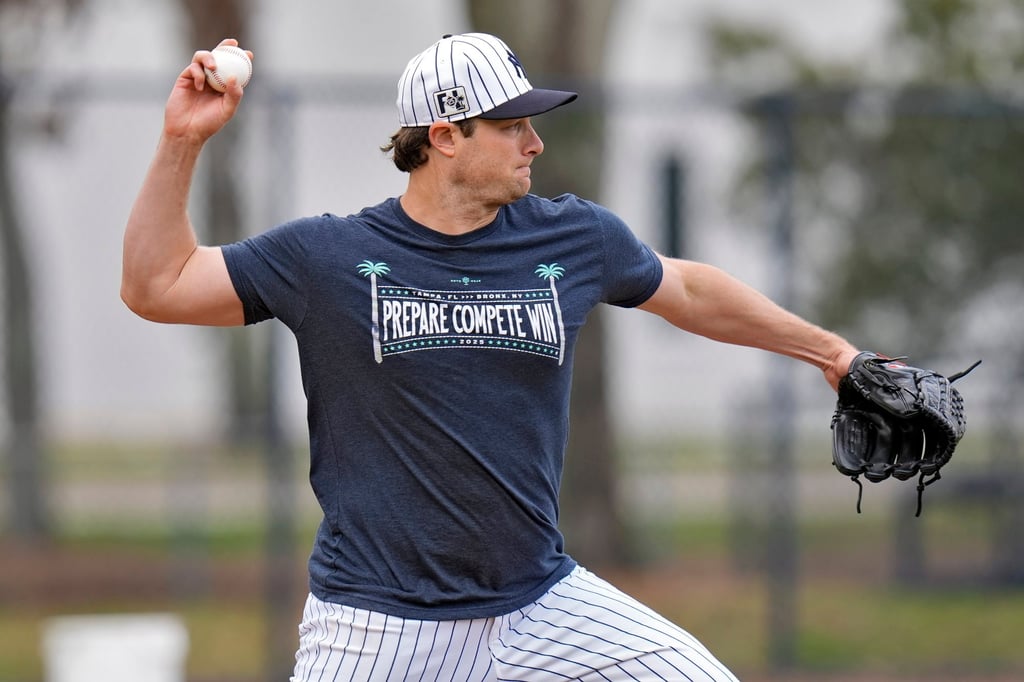 New York Yankees pitcher Gerrit Cole doing pickoff drills during a spring training baseball workout in Tampa, Florida, in February. Photo: AP New York Yankees pitcher Gerrit Cole doing pickoff drills during a spring training baseball workout in Tampa, Florida, in February. Photo: AP