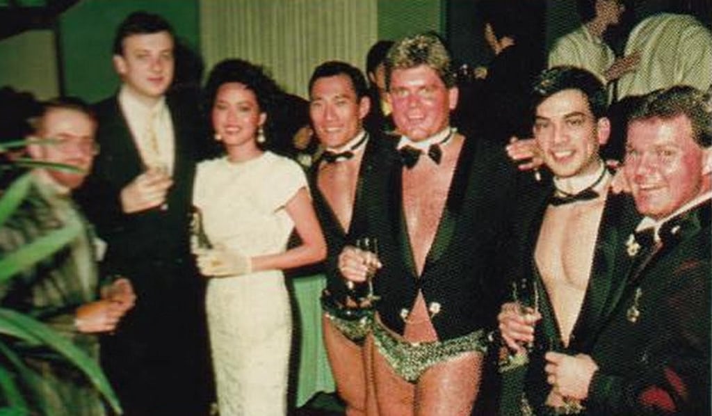 Andrew and Sally Bull (second and third from left) at the opening of Canton Disco. While the dress code was whatever you wanted it to be, some wore Speedos paired with tuxedo jackets to fit the Midnight Swim theme. Photo: Andrew Bull