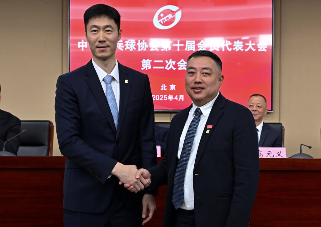 Wang Liqin (left) is the new president of the Chinese Table Tennis Association. Photo: Xinhua Wang Liqin (left) is the new president of the Chinese Table Tennis Association. Photo: Xinhua