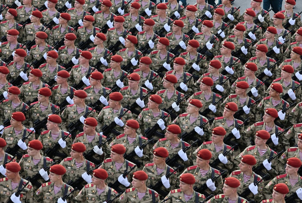 Russian service members rehearse for Friday’s military parade in Moscow. Photo: Reuters Russian service members rehearse for Friday’s military parade in Moscow. Photo: Reuters