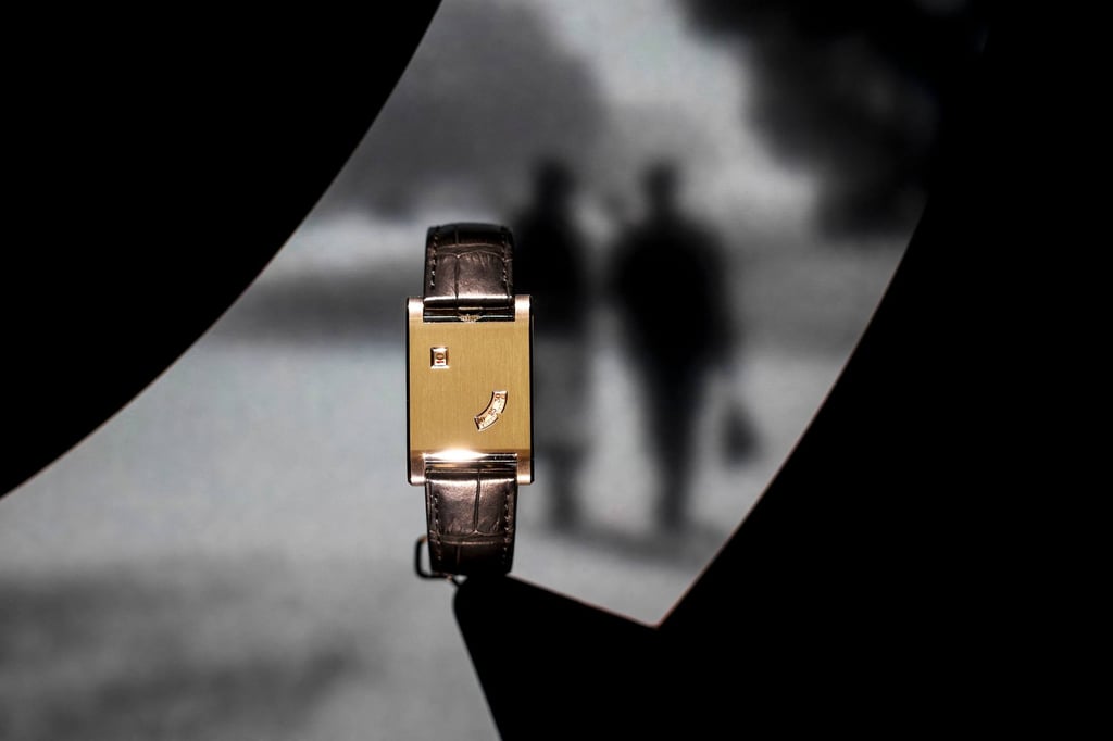 A Tank à Guichets watch displayed at Cartier’s stand during the opening day of the Watches and Wonders on April 1. Photo: Agence France-Presse