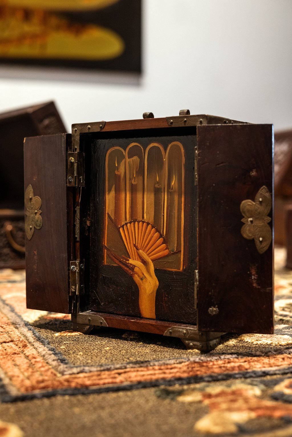 A wooden box sits on the Qing dynasty carpet that Dominique Fung bought at an auction. Photo: Jocelyn Tam