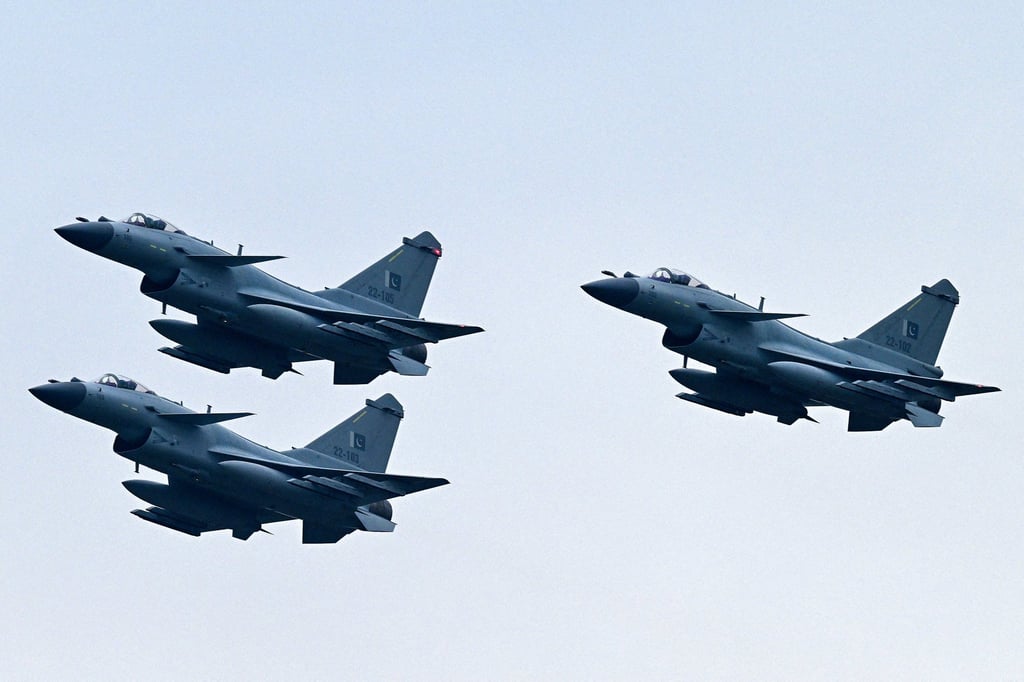 Pakistan Air Force J-10C fighter jets perform at a rehearsal ahead of the country’s national day parade in Islamabad on March 21, 2024. Photo: AFP Pakistan Air Force J-10C fighter jets perform at a rehearsal ahead of the country’s national day parade in Islamabad on March 21, 2024. Photo: AFP