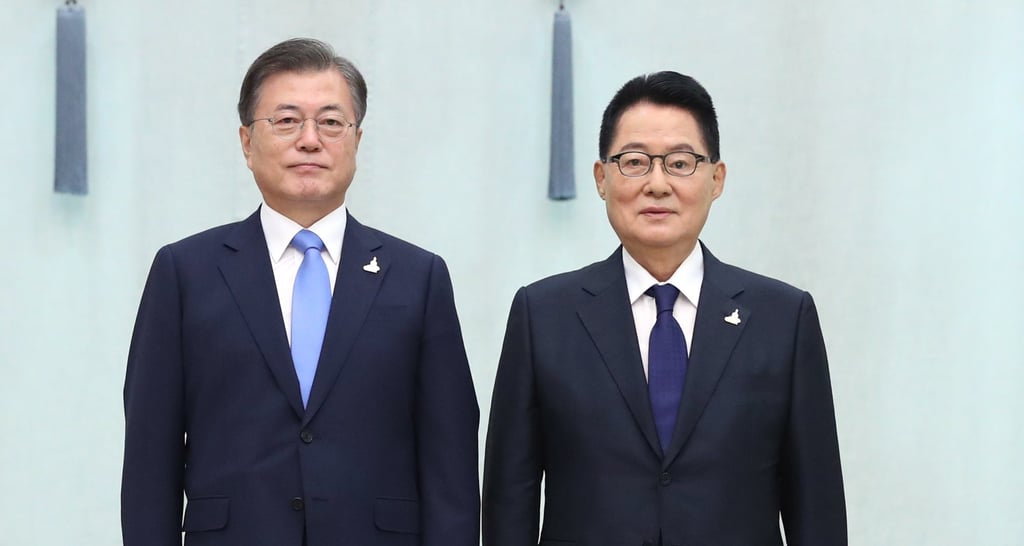 Park Jie-won (right) served as chief of the National Intelligence Service under liberal president Moon Jae-in. Photo: EPA-EFE/Yonhap Park Jie-won (right) served as chief of the National Intelligence Service under liberal president Moon Jae-in. Photo: EPA-EFE/Yonhap