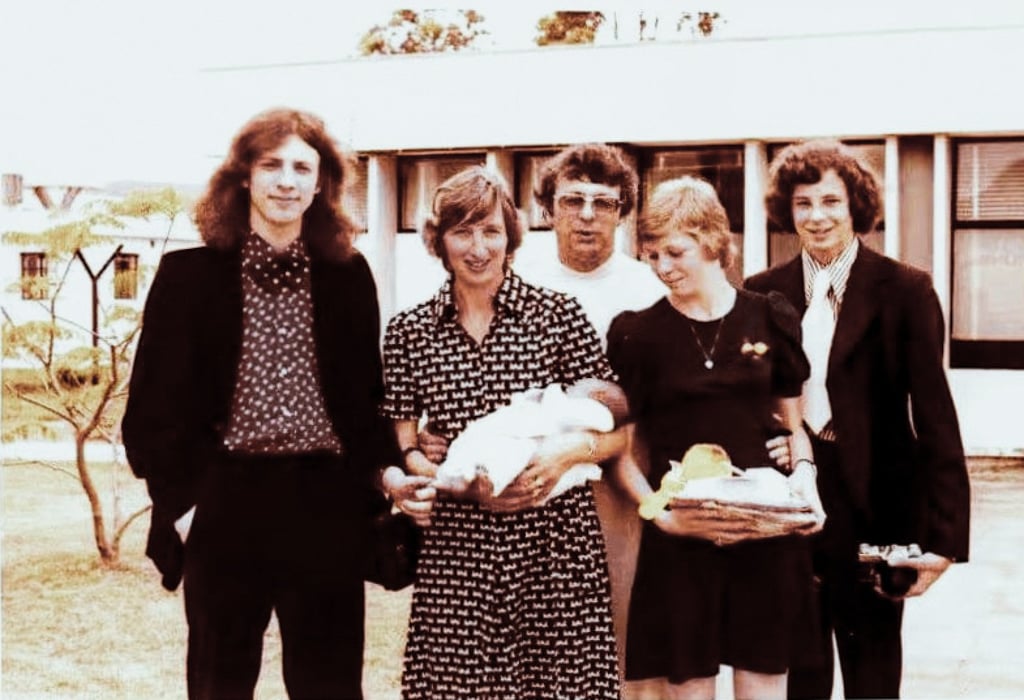 Andrew (far left) and his family at St Martin’s Church, Shek Kong, welcoming his youngest sister, in 1974. Photo: courtesy Andrew Bull