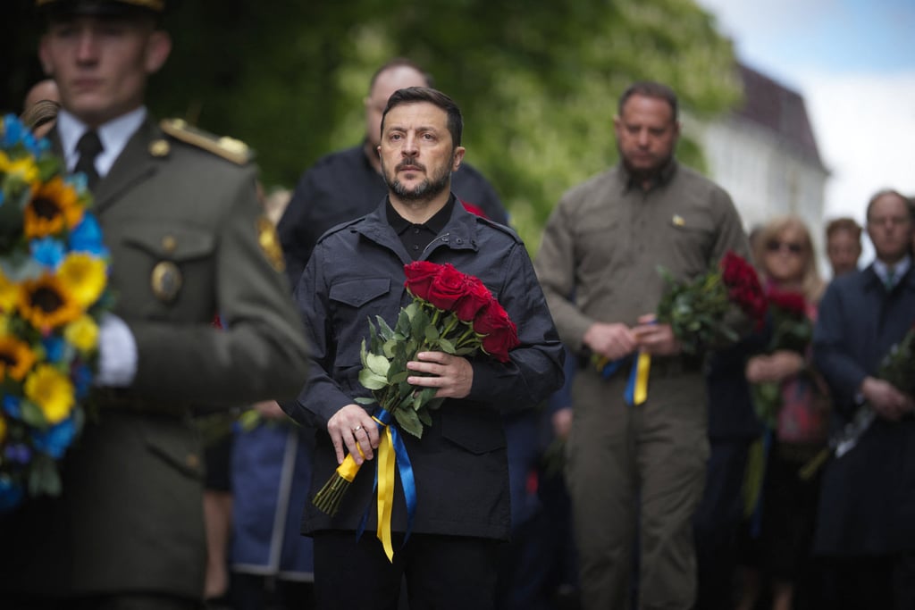 Ukrainian President Volodymyr Zelensky attends a ceremony to commemorate the fallen of World War II in Kyiv on Thursday. Photo: Ukrainian Presidential Press Service via AFP Ukrainian President Volodymyr Zelensky attends a ceremony to commemorate the fallen of World War II in Kyiv on Thursday. Photo: Ukrainian Presidential Press Service via AFP