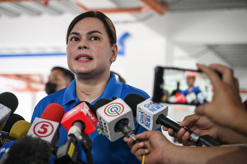 Philippine Vice-President Sara Duterte holds a press conference at a hospital in Quezon City, Metro Manila, on November 26 last year. On November 26 Duterte denied she was plotting to kill President Ferdinand Marcos, saying recent comments that sparked a government probe only reflected “consternation” with her one-time ally. Photo: AFP Philippine Vice-President Sara Duterte holds a press conference at a hospital in Quezon City, Metro Manila, on November 26 last year. On November 26 Duterte denied she was plotting to kill President Ferdinand Marcos, saying recent comments that sparked a government probe only reflected “consternation” with her one-time ally. Photo: AFP