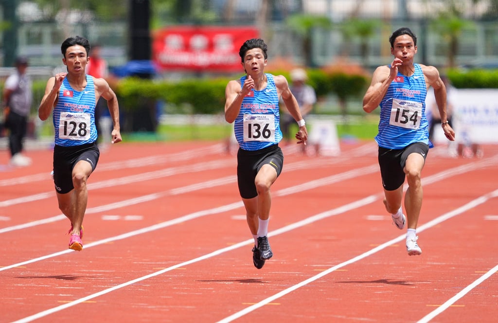 (From left) Chung Tsz-sing, Kwok Chun-ting and Yip King-wai vie for the 100m title. Photo: Eugene Lee