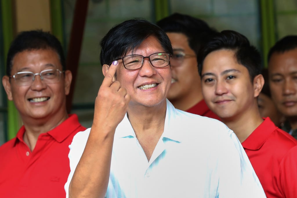 Philippine President Ferdinand Marcos Jnr shows the indelible ink on his finger after casting his ballot at a polling station in Batac City, Ilocos Norte province, on Monday. Photo: Presidential Communications Office via AP Philippine President Ferdinand Marcos Jnr shows the indelible ink on his finger after casting his ballot at a polling station in Batac City, Ilocos Norte province, on Monday. Photo: Presidential Communications Office via AP