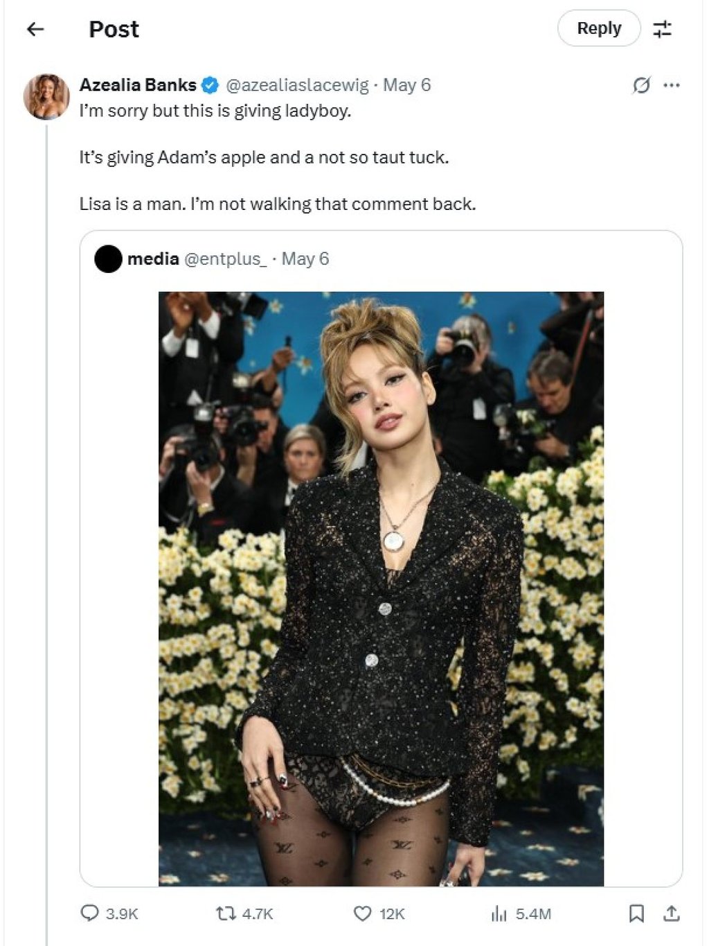 A tweet on X by US rapper Azealia Banks on Lalisa Manobal, better known as Lisa of Blackpink. Photo: X/@azealiaslacewig A tweet on X by US rapper Azealia Banks on Lalisa Manobal, better known as Lisa of Blackpink. Photo: X/@azealiaslacewig