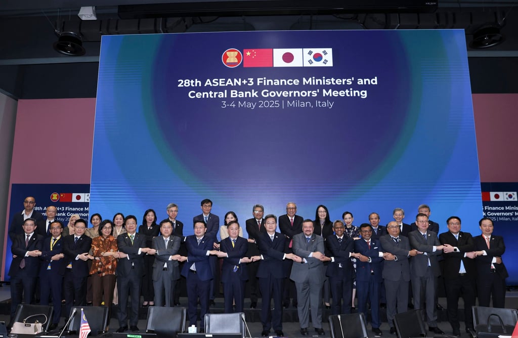 Guests pose for a group photo before the 28th annual meeting of finance ministers and central bank governors from Asean nations, China, Japan and South Korea, in Milan, Italy, May 4, 2025. Photo: Xinhua Guests pose for a group photo before the 28th annual meeting of finance ministers and central bank governors from Asean nations, China, Japan and South Korea, in Milan, Italy, May 4, 2025. Photo: Xinhua