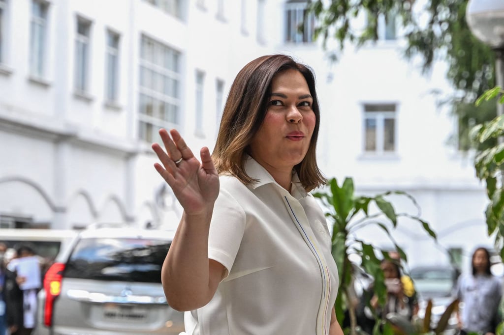 Philippine Vice-President Sara Duterte arrives at the Justice Department on Friday to file a counter affidavit in response to her alleged threat to assassinate President Ferdinand Marcos Jnr. Photo: AFP Philippine Vice-President Sara Duterte arrives at the Justice Department on Friday to file a counter affidavit in response to her alleged threat to assassinate President Ferdinand Marcos Jnr. Photo: AFP