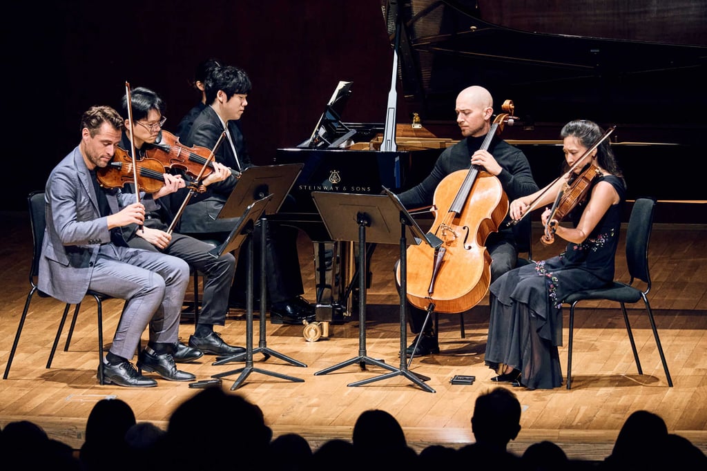 Pianist Haochen Zhang (rear) and the Dover Quartet, comprising violinists Joel Link (far left) and Bryan Lee (second from left), cellist Camden Shaw and violist Julianne Lee, perform at the Hong Kong City Hall Concert Hall on May 12, 2025. Photo: Kenny Cheung/Premiere Performances of Hong Kong Pianist Haochen Zhang (rear) and the Dover Quartet, comprising violinists Joel Link (far left) and Bryan Lee (second from left), cellist Camden Shaw and violist Julianne Lee, perform at the Hong Kong City Hall Concert Hall on May 12, 2025. Photo: Kenny Cheung/Premiere Performances of Hong Kong