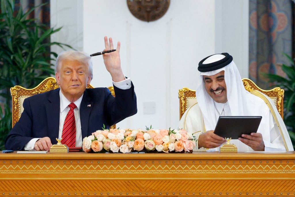 US President Donald Trump and Qatar’s Emir Tamim bin Hamad Al Thani take part in a signing ceremony in Doha on Wednesday. Photo: Reuters US President Donald Trump and Qatar’s Emir Tamim bin Hamad Al Thani take part in a signing ceremony in Doha on Wednesday. Photo: Reuters