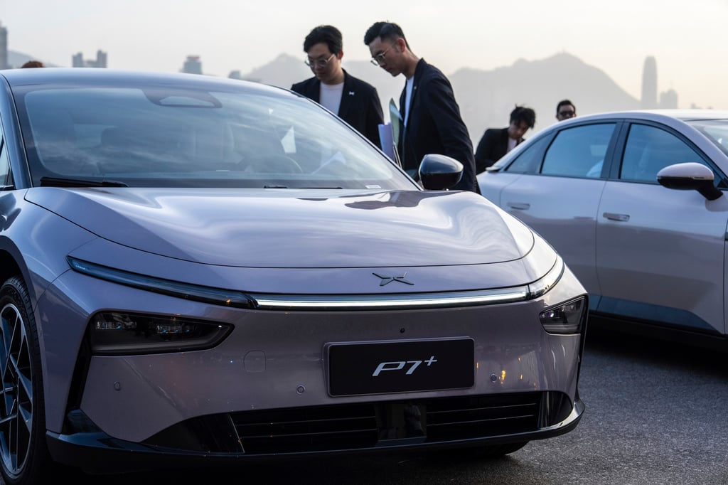 An XPeng P7+ electric vehicle is displayed at the company’s showcase event in Hong Kong in April. Photo: AP An XPeng P7+ electric vehicle is displayed at the company’s showcase event in Hong Kong in April. Photo: AP