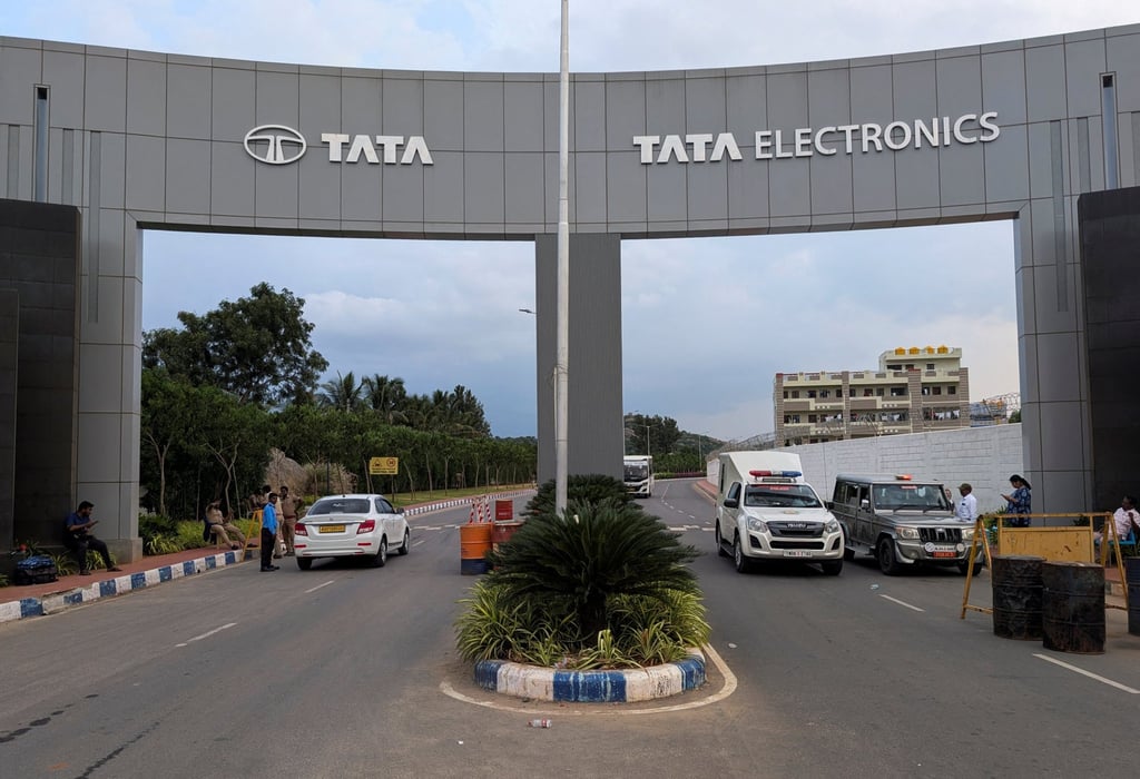 The entrance of a Tata Electronics plant in southern India, where makes Apple makes iPhone components. Photo: Reuters The entrance of a Tata Electronics plant in southern India, where makes Apple makes iPhone components. Photo: Reuters
