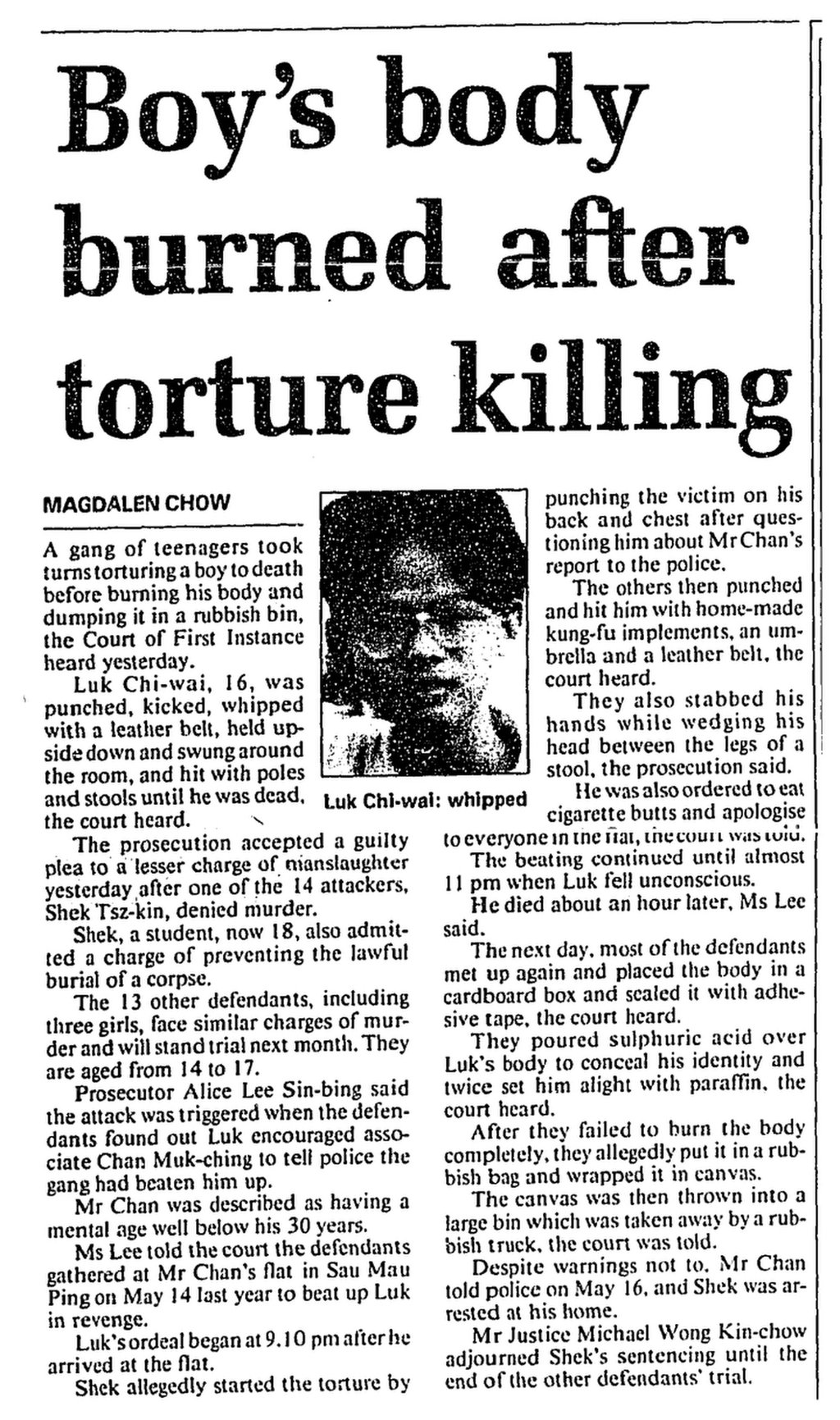 A gang of teenagers took turns torturing a boy to death before burning his body and dumping it in a rubbish bin, reported the South China Morning Post on June 5, 1998. Photo: SCMP Archives