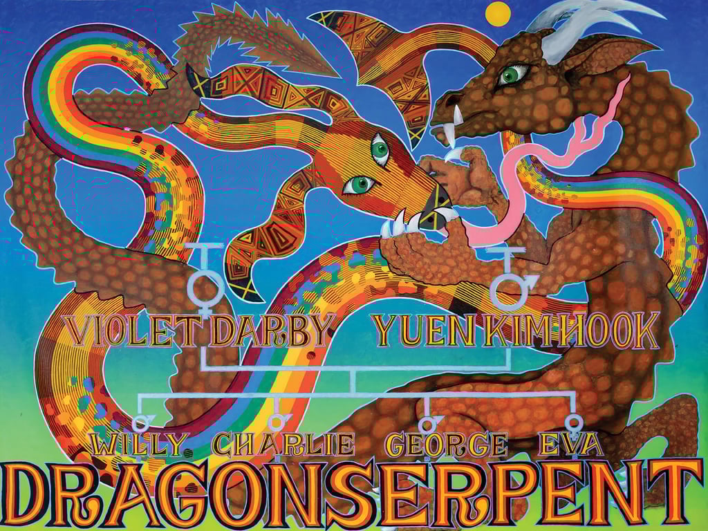Dragonserpent (2024), by Gordon Hookey, a work featuring in “Our Story: Aboriginal-Chinese People in Australia” at the National Museum of Australia, includes images of both the Chinese dragon and Aboriginal rainbow serpent. Photo: Gordon Hookey Dragonserpent (2024), by Gordon Hookey, a work featuring in “Our Story: Aboriginal-Chinese People in Australia” at the National Museum of Australia, includes images of both the Chinese dragon and Aboriginal rainbow serpent. Photo: Gordon Hookey
