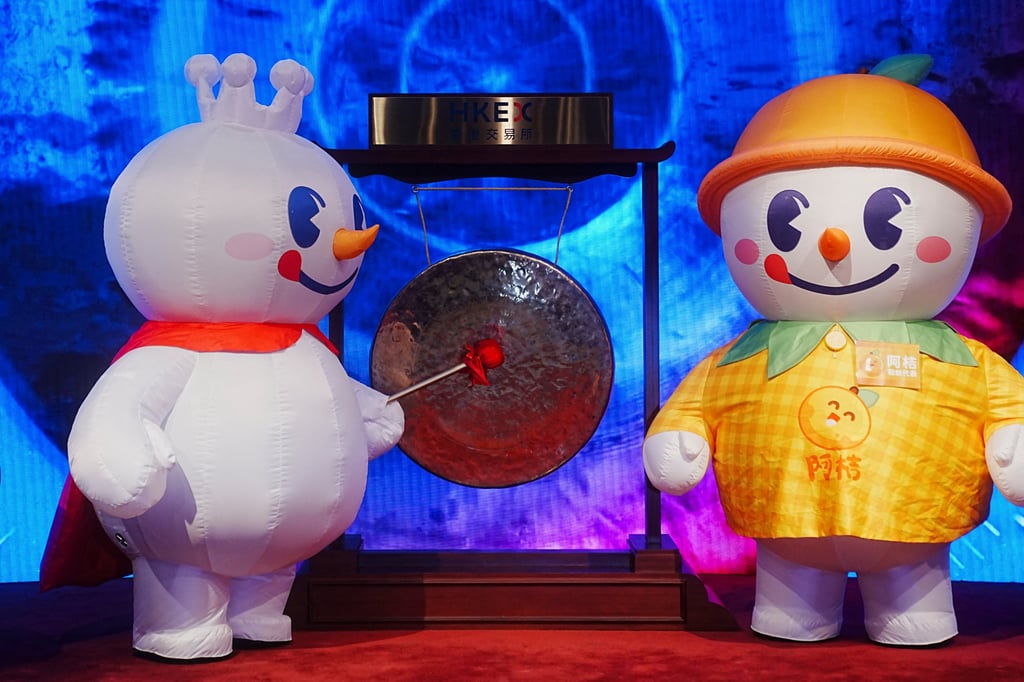 Mixue Group’s mascot Snow King strikes a gong during the company’s listing ceremony at the Hong Kong stock exchange on March 3. Photo: Reuters Mixue Group’s mascot Snow King strikes a gong during the company’s listing ceremony at the Hong Kong stock exchange on March 3. Photo: Reuters
