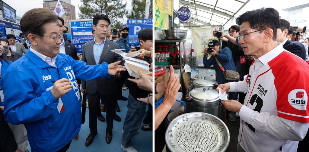 South Korea’s presidential candidates Lee Jae-myung (left) of the liberal Democratic Party and Kim Moon-soo of the conservative People Power Party make campaign stops on Friday. Photo: EPA-EFE/Yonhap South Korea’s presidential candidates Lee Jae-myung (left) of the liberal Democratic Party and Kim Moon-soo of the conservative People Power Party make campaign stops on Friday. Photo: EPA-EFE/Yonhap