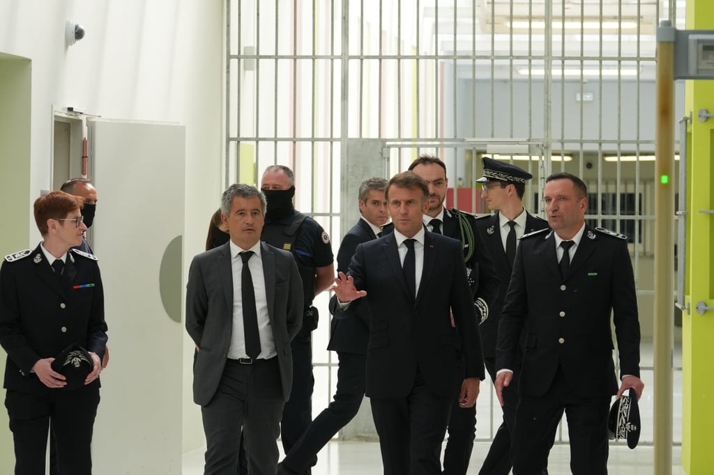 France’s President Emmanuel Macron (centre) and France’s Justice minister Gerald Darmanin (centre-left) visit the Vendin-le-Vieil prison, in northern France on Wednesday. Photo: EPA-EFE France’s President Emmanuel Macron (centre) and France’s Justice minister Gerald Darmanin (centre-left) visit the Vendin-le-Vieil prison, in northern France on Wednesday. Photo: EPA-EFE